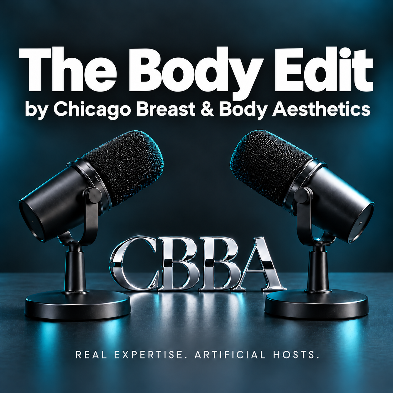 The Body Edit by Chicago Breast & Body Aesthetics podcast cover: two black microphones with polished CBBA letters in a charcoal and teal studio